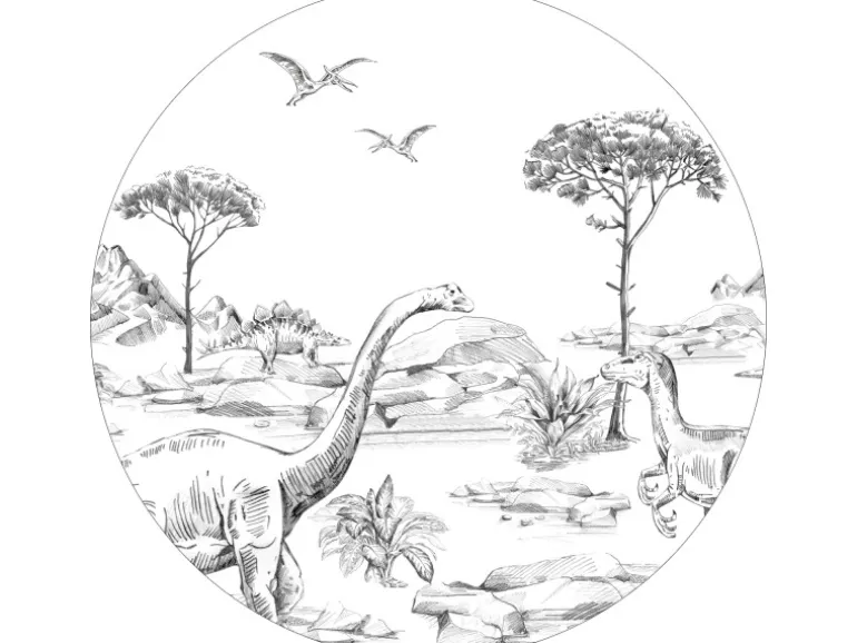ESTAhome Selbstklebende Runde Tapete Dinosaurier Schwarz-Weiß Ø 70 cm 159073
