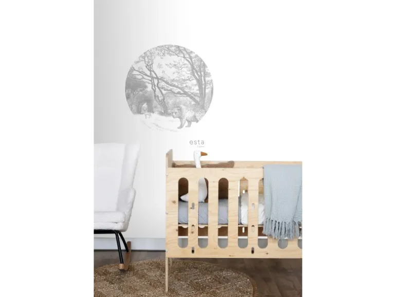 ESTAhome Selbstklebende Runde Tapete Wald Mit Waldtieren Grau Ø 70 cm 159070