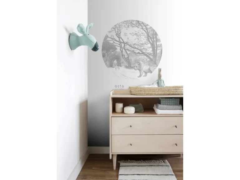 ESTAhome Selbstklebende Runde Tapete Wald Mit Waldtieren Grau Ø 70 cm 159070