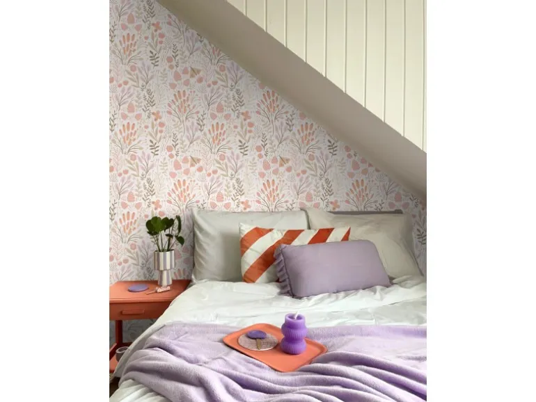 ESTAhome Tapete Blätter und Blumen Weiß und Orange 50 x 900 cm
