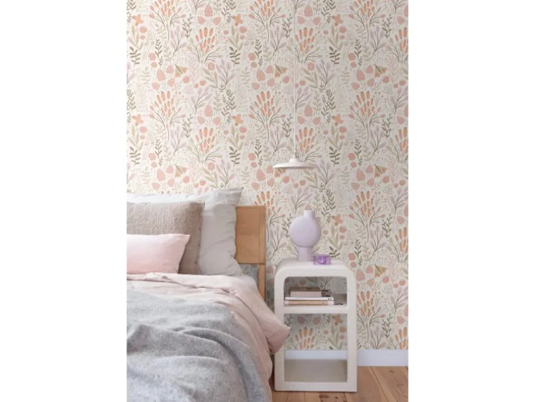 ESTAhome Tapete Blätter und Blumen Weiß und Orange 50 x 900 cm