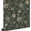 ESTAhome Tapete Blumenmuster Schwarz und Grün 0.53 x 10.05 m 139417