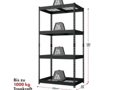 Floordirekt Schwerlastregal Yukon Rivet 4 Böden Schwarz 180 x 90 x 60 cm