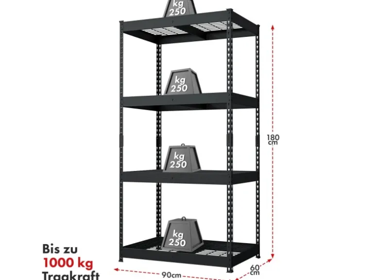 Floordirekt Schwerlastregal Yukon Rivet 4 Böden Schwarz 180 x 90 x 60 cm