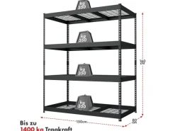 Floordirekt Schwerlastregal Yukon Rivet 4 Böden Schwarz 160 x 150 x 80 cm