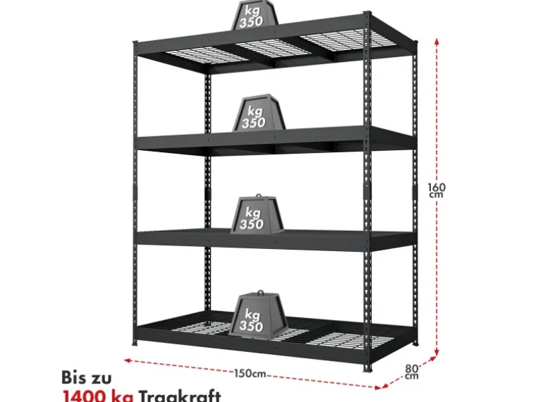 Floordirekt Schwerlastregal Yukon Rivet 4 Böden Schwarz 160 x 150 x 80 cm