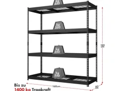 Floordirekt Schwerlastregal Yukon Rivet 4 Böden Schwarz 180 x 160 x 60 cm