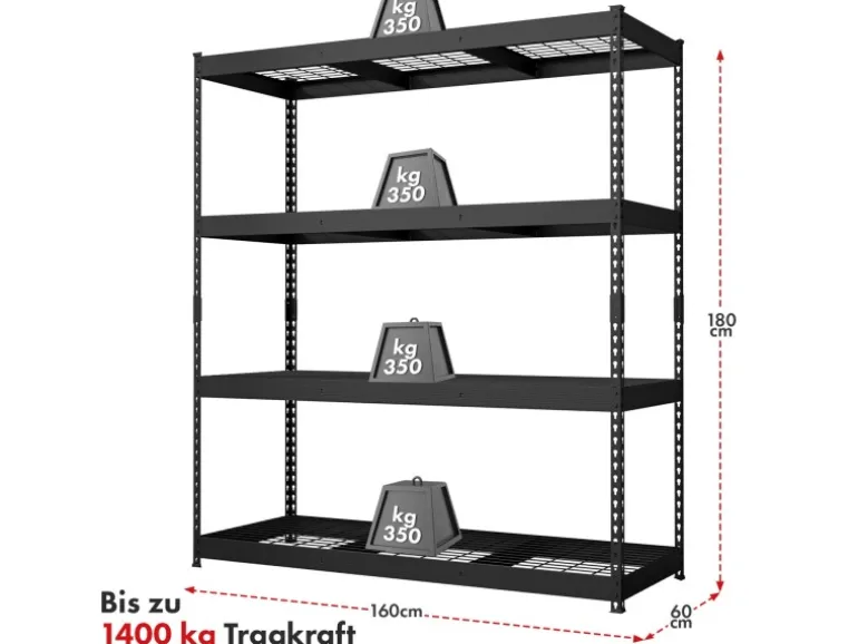 Floordirekt Schwerlastregal Yukon Rivet 4 Böden Schwarz 180 x 160 x 60 cm