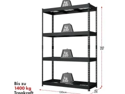 Floordirekt Schwerlastregal Yukon Rivet 4 Böden Schwarz 180 x 120 x 45 cm