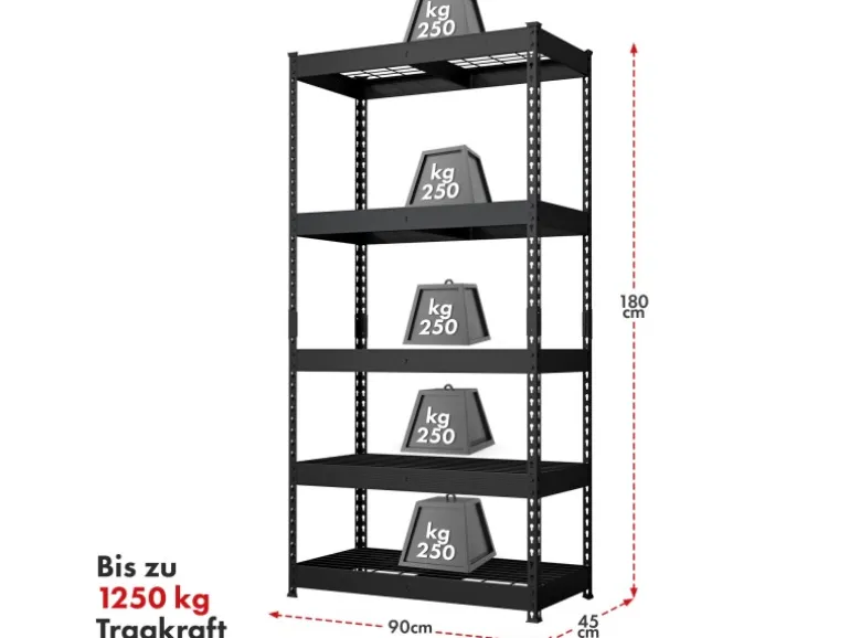 Floordirekt Schwerlastregal Yukon Rivet 5 Böden Schwarz 180 x 90 x 45 cm