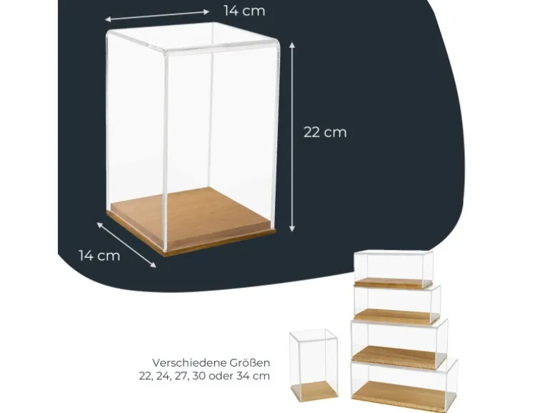 HMF 46881 Acryl Vitrine Schaukasten mit Holzsockel für Figuren 14 x 14 x 22 cm Transparent