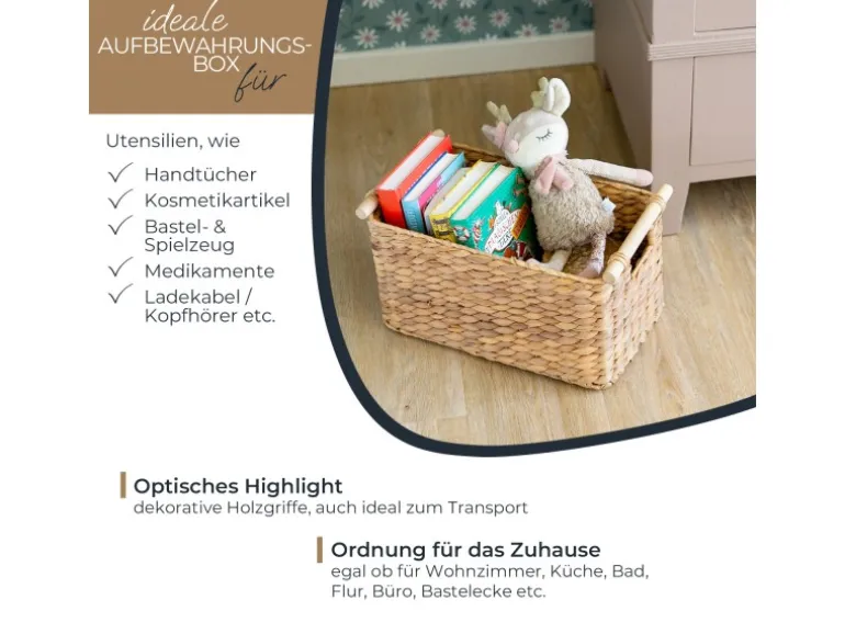HMF 37279 Aufbewahrungskorb Badezimmer Korb Geflochten Wasserhyazinthe Holzgriffen 37 x 22 x 20 cm