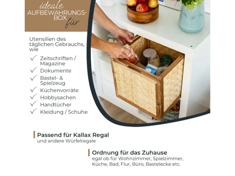 HMF Aufbewahrungskorb Kallax Regale Korb Rattan Wiener Geflecht und Akazienholz Muster 1 32 x 34 x 32 cm