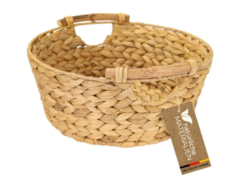 HMF Aufbewahrungskorb Rund Korb Geflochten Wasserhyazinthe Holzgriffen 30 x 12 cm