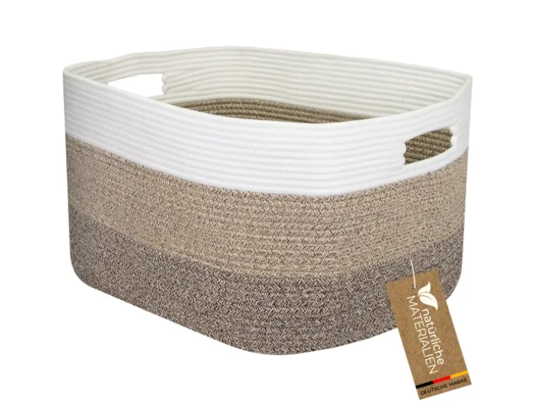 HMF XXL Wäschekorb Baumwolle Eckiger Aufbewahrungskorb Griffen 55 x 43 x 30 cm Weiß-Braun