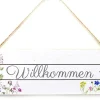 Hängeschild Willkommen Motiv Blumen 13 cm x 38 cm Creme