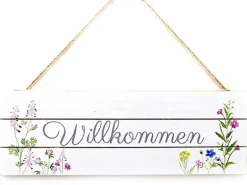 Hängeschild Willkommen Motiv Blumen 13 cm x 38 cm Creme