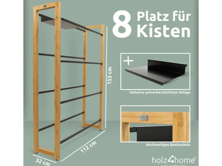 holz4home Getränkekistenregal aus Holz Inklusive Edelstahlablage 8 Kisten Schwarz