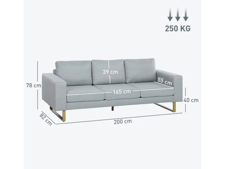 HOMCOM 3 Sitzer Sofa für Schlafzimmer 200 x 82 x 78 cm Hellgrau