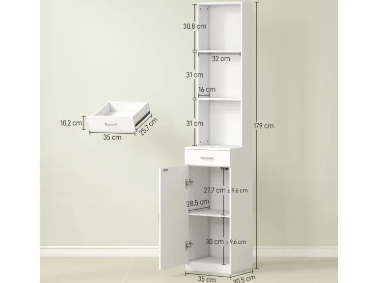 HOMCOM Badezimmerschrank Spanplatte 35L x 30,5B x 179H cm Weiß