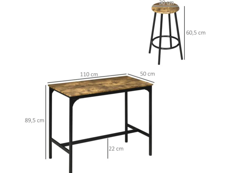 HOMCOM Bartisch mit Barhocker Set 5-tlg. im Industriedesign Rustikal-Braun