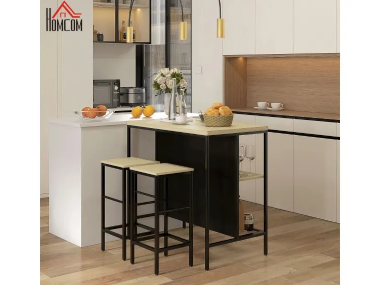 HOMCOM Bartisch mit Barhocker Set 3-tlg. im Modern-Stil Stahl Eiche