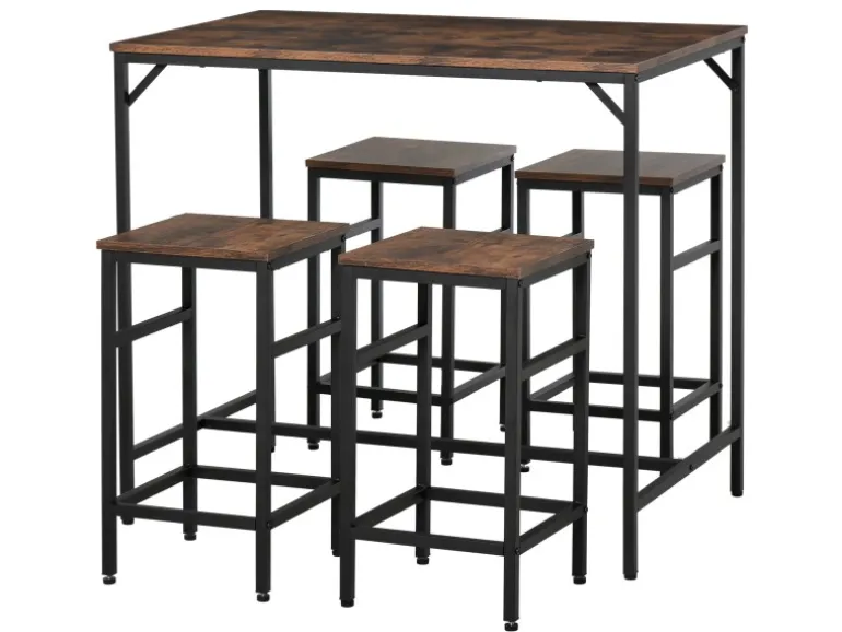 HOMCOM Bartisch mit Barhocker 5-Teilig Stahl Rustikal-Braun 100 x 60 x 88 cm