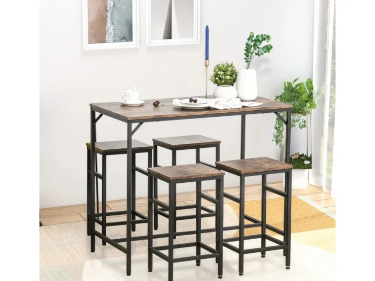 HOMCOM Bartisch mit Barhocker 5-Teilig Stahl Rustikal-Braun 100 x 60 x 88 cm