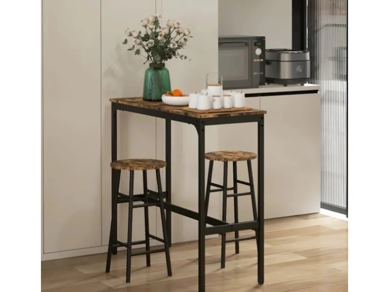 HOMCOM Bartisch-Set 3-Teilig im Industriedesign Stahl Rustikal-Braun