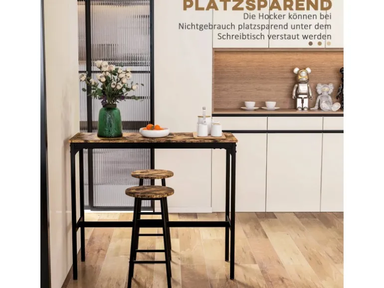 HOMCOM Bartisch-Set 3-Teilig im Industriedesign Stahl Rustikal-Braun