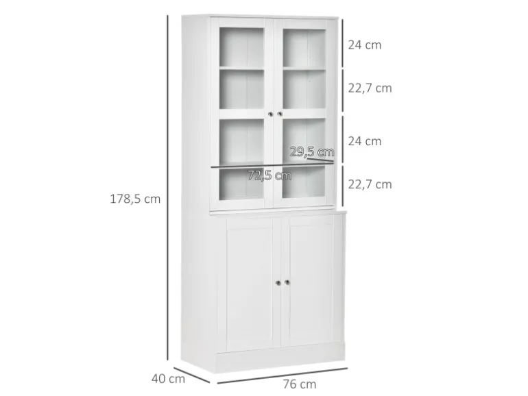 HOMCOM Bücherschrank 178,5 cm mit Glastür 6 Fächern Küchenschrank Weiß