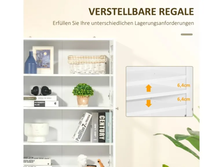 HOMCOM Bücherschrank 178,5 cm mit Glastür 6 Fächern Küchenschrank Weiß