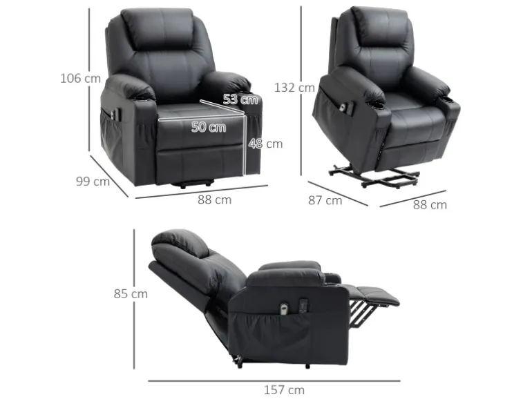 HOMCOM Elektrischer Aufstehsessel Kunstleder Stahl Schwarz 88L x 99B x 106H cm