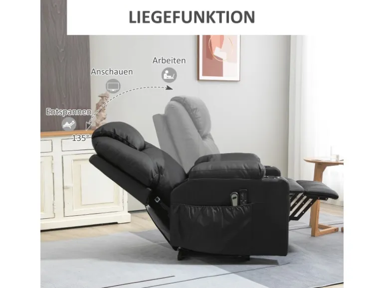 HOMCOM Elektrischer Aufstehsessel Kunstleder Stahl Schwarz 88L x 99B x 106H cm