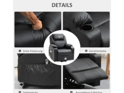HOMCOM Elektrischer Aufstehsessel Kunstleder Stahl Schwarz 88L x 99B x 106H cm