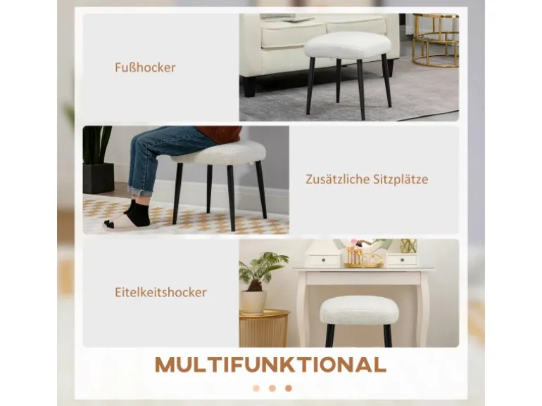 HOMCOM Fußhocker mit Kaschmir-Optik Stahlbeine Cremeweiß 42 x 42 x 47 cm