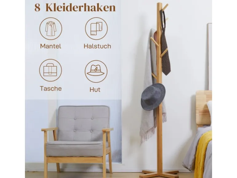 HOMCOM Garderobenständer aus Bambus mit 8 Haken 49,5 x 49,5 x 178 cm Natur