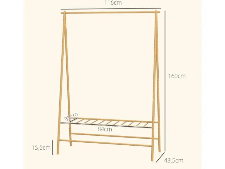 HOMCOM Garderobenständer Bambus Naturholz 116L x 43,5B x 160H cm