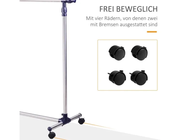 HOMCOM Garderobenständer mit Rollen Höhenverstellbar Edelstahl 86 x 45 x 95 cm
