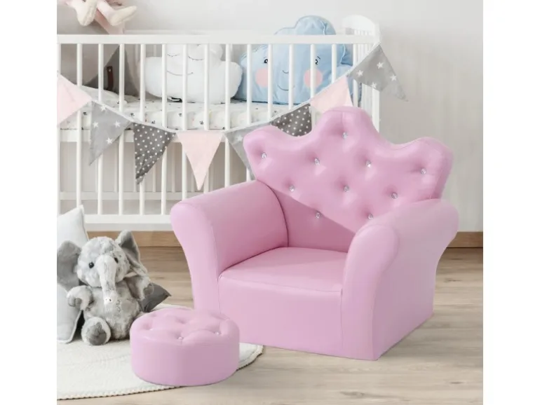 HOMCOM Kindersofa mit Ottomane in Kronenform Rosa 58 x 40,5 x 49 cm