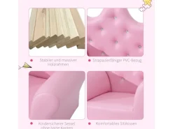 HOMCOM Kindersofa mit Ottomane in Kronenform Rosa 58 x 40,5 x 49 cm