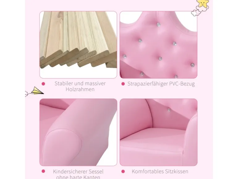 HOMCOM Kindersofa mit Ottomane in Kronenform Rosa 58 x 40,5 x 49 cm