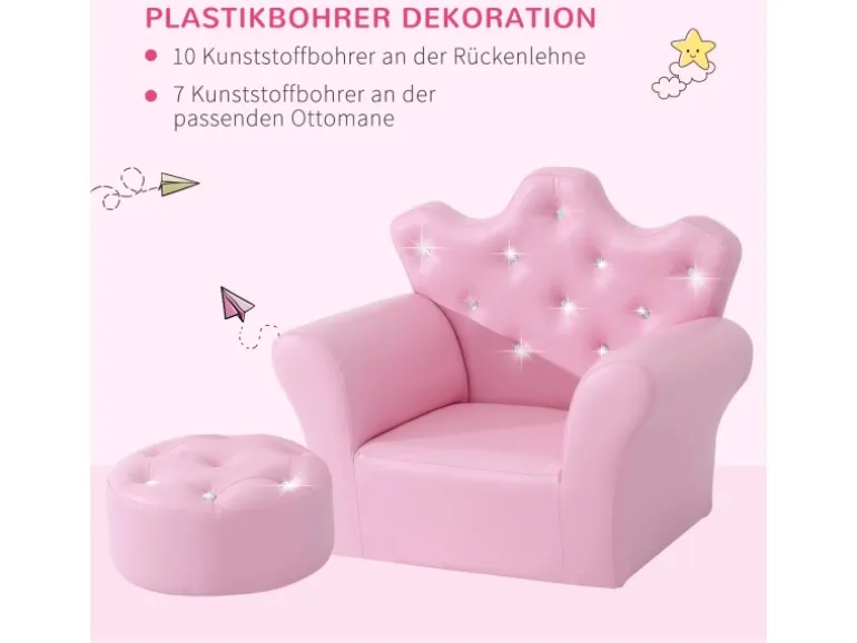 HOMCOM Kindersofa mit Ottomane in Kronenform Rosa 58 x 40,5 x 49 cm