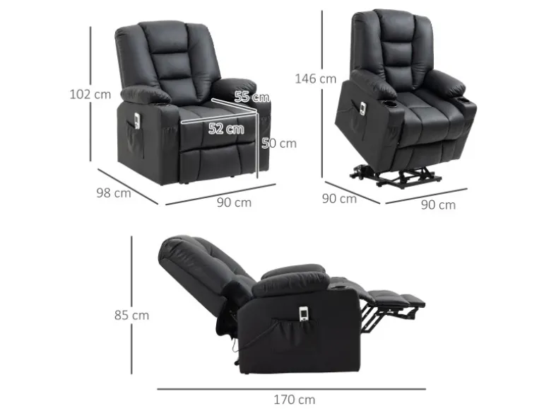 HOMCOM Massagesessel Kunstleder Stahl Schwarz 90L x 98B x 102H cm