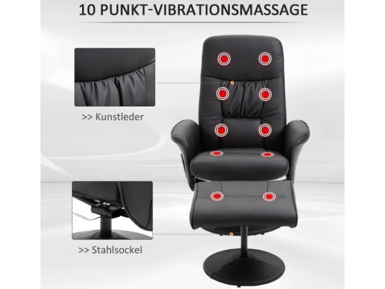 HOMCOM Massagesessel mit Fußhocker Stauraum Liegefunktion Schwarz 76 x 81 x 105 cm