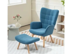 HOMCOM Ohrensessel mit Hocker für Wohnzimmer Kord Blau 72L x 80B x 101H cm