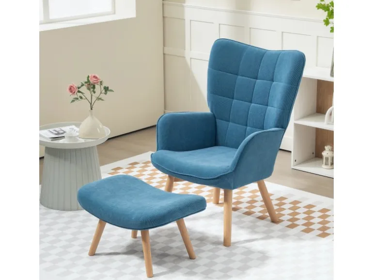 HOMCOM Ohrensessel mit Hocker für Wohnzimmer Kord Blau 72L x 80B x 101H cm