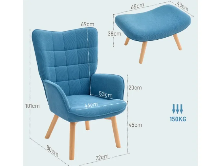 HOMCOM Ohrensessel mit Hocker für Wohnzimmer Kord Blau 72L x 80B x 101H cm