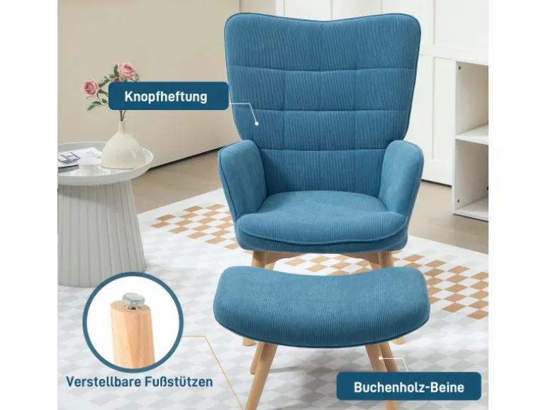 HOMCOM Ohrensessel mit Hocker für Wohnzimmer Kord Blau 72L x 80B x 101H cm