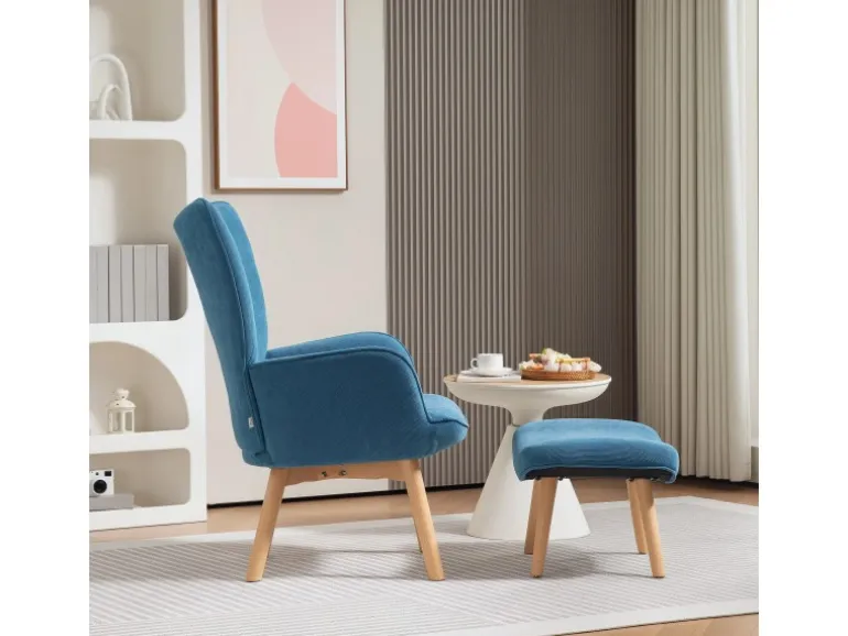 HOMCOM Ohrensessel mit Hocker für Wohnzimmer Kord Blau 72L x 80B x 101H cm